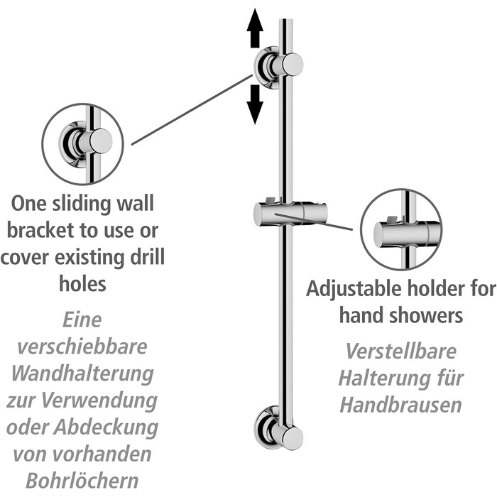 Душова штанга WENKO без свердління, душова штанга для кріплення спеціальною клейкою прокладкою, Ø 2,2 х 70 см, хром і душова лійка Водозберігаюча душова лійка Ручний душ для душу