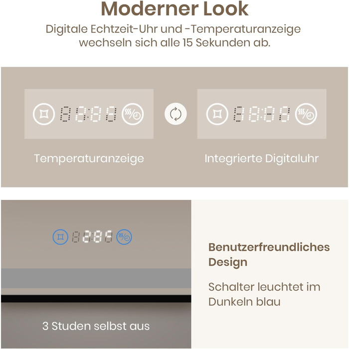 Дзеркало для ванної кімнати EMKE з підсвіткою 70x50 см, чорне, з сенсорним керуванням, регулюванням яскравості, протитуманним покриттям, годинником, функцією пам'яті та нейтральним світлом 4300K, енергозберігаюче, вологостійке (IP44)
