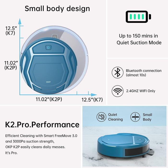 Робот-пилосос OKP 2100Pa з Wi-Fi, суперантивний, керування через додаток та голосовим управлінням Alexa. Тиха робота, ідеально для шерсті тварин, підходить для підлоги та килима. Самостійна зарядка, 100 хвилин роботи.