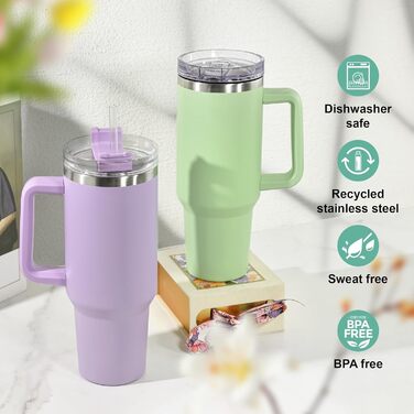 Термокружка FECBK з соломкою та ручкою 1,2L, 100% без витоку, нержавіюча сталь, вакуумна ізоляція, з ручкою, зберігає тепло 12 год / холод 34 год, Gepard (м'ятний)