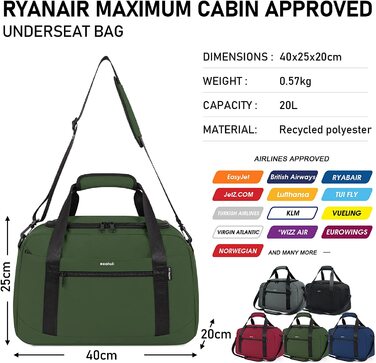 Ручна поклажа ECOHUB 40X20X25 для Ryanair Дорожня сумка сумка для літака під сидінням ручна поклажа валіза екологічно чиста Дорожня сумка з ПЕТ перероблена Дорожня сумка для жінок чоловіча сумка вихідного дня (зелений)