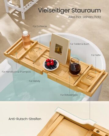 Полиця для ванни розкладна SONGMICS з бамбука 70-95.6 см, бежева - для книг, планшета, келиха, рушників