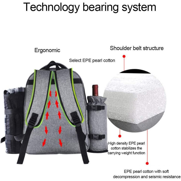 Набір для пікніка на 4 особи з ізольованим холодильним відділенням, сірий. Багатофункціональний рюкзак для пікніка, кемпінгу та відпочинку на природі.