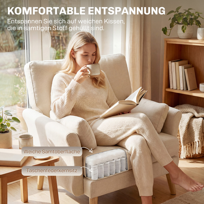 Крісло з велюровою оббивкою, велике акцентне крісло на дерев'яних ніжках, крісло для читання у вітальню та спальню, кремово-біле