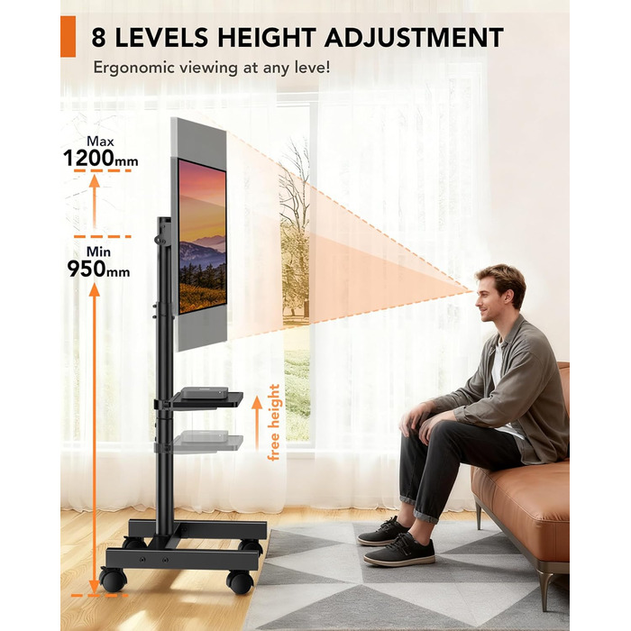 Підставка для телевізора Hemudu з колесами 23-60 дюймів, VESA 400x400 мм, до 35 кг, регульована висота