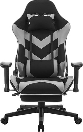 Крісло ігрове WOLTU з тканини, дихаюче, для літа, ергономічне, з підтримкою попереку, для геймерів, racing, PC, з функцією гойдання та підніжкою, для стрімінгу, чорно-сіре, тканинне