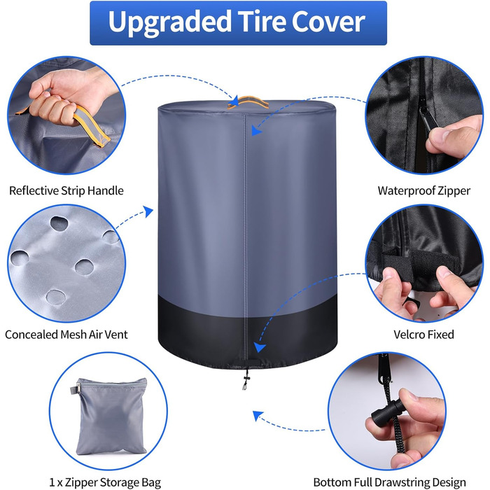 Чохол для коліс автомобіля, великий, міцний, 420D, універсальний, для 4 коліс, з блискавкою, вологостійкий, з світловідбиваючими смугами (Ø 84cm x H 120cm), сірий & чорний