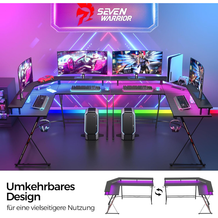 Ігровий стіл SEVEN WARRIOR з LED-підсвічуванням, розетками, моніторний стійка, 2 гачки, L-подібний, 147 см