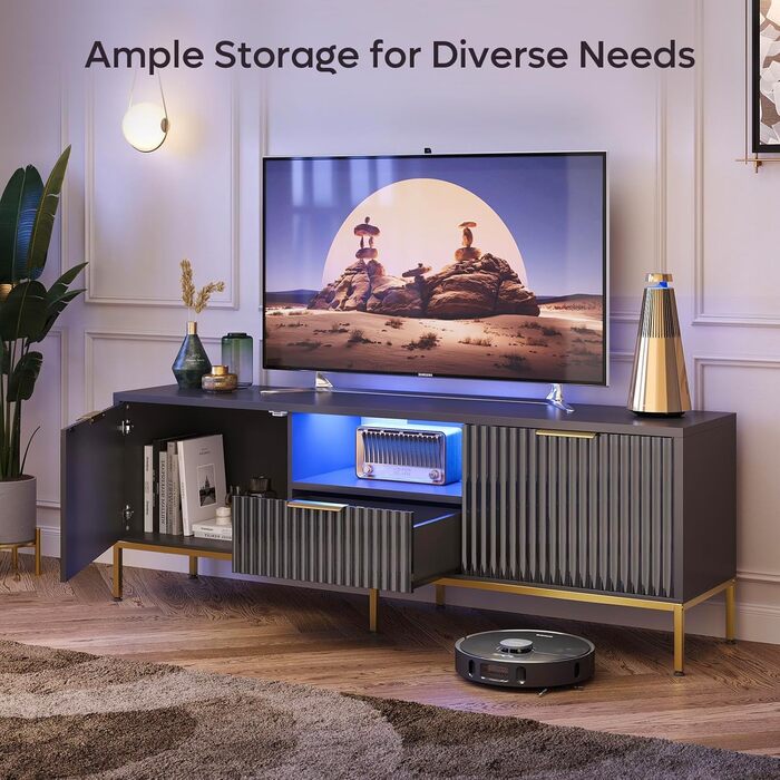Тумба під ТВ Bestier для телевізора 55/60 дюймів, глянцево-чорна: сучасна медіа-консоль з полицями для вітальні та спальні