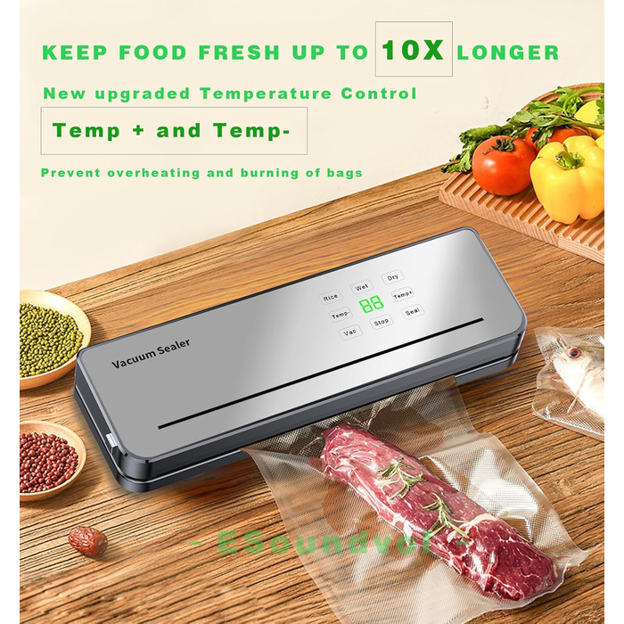 Вакууматор для продуктів ESoundvol 8-в-1 з LED-дисплеєм, вбудованим різаком та контролем температури, 10 пакетів у комплекті