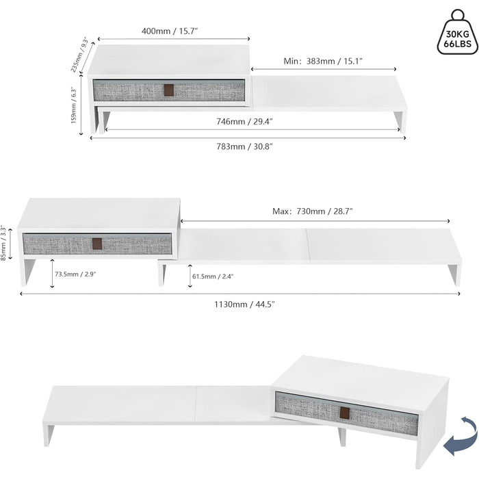 Подвійна підставка для монітора з фенге з шухлядою, регулюється по довжині та куту, 78,3-113x23,5x7,3 см, біла