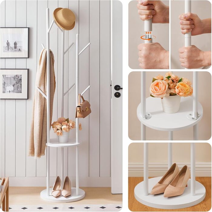 HOOBRO Стійка для одягу, підлого стояння, у вигляді дерева з 8 гачками та 2 круглими полицями, для одягу, капелюхів, сумок, вітальні, спальні, офісу, темно-коричневий/чорний