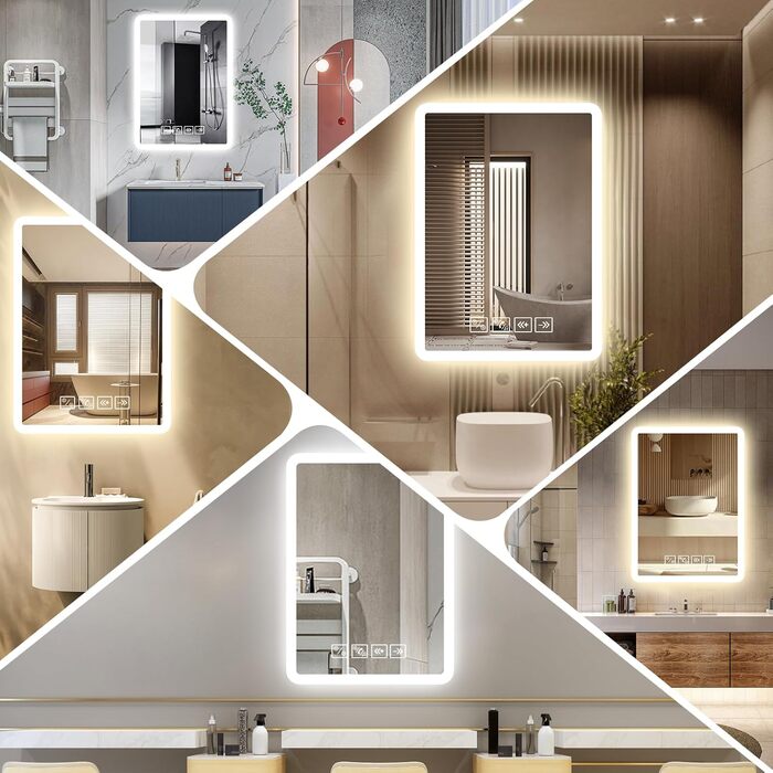 Дзеркало для ванної кімнати з підсвіткою 50x70 см з Bluetooth, годинником, функцією проти запотівання та сенсорним вимикачем