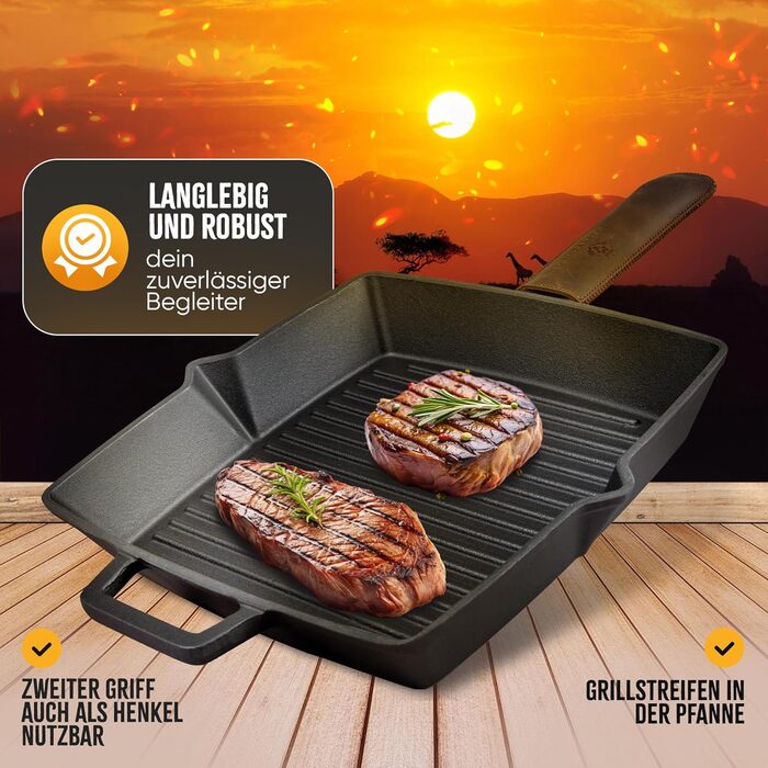 Сковорода-гриль з чавуну, 26 см, емальована, для приготування стейків, сумісна з усіма типами плит