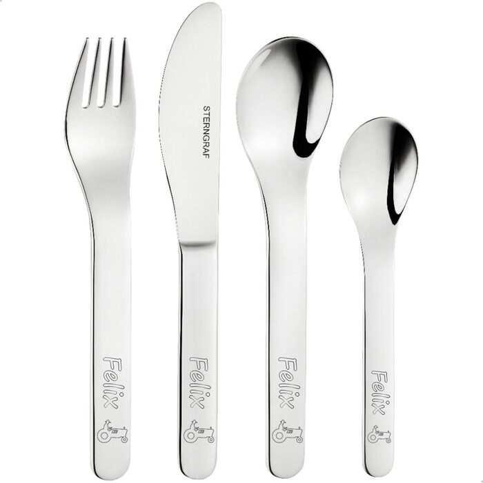 Дитячий столовий набір Kinderbesteck з гравіюванням 'Трактор + Ім'я' 4шт, персоналізований - набір для народження, хрещення