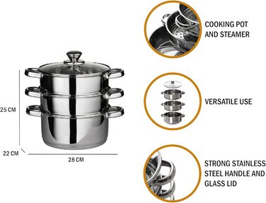 Пароварка Premier Housewares, нержавіюча сталь, скляна кришка, Ø22 x H25 см, срібло