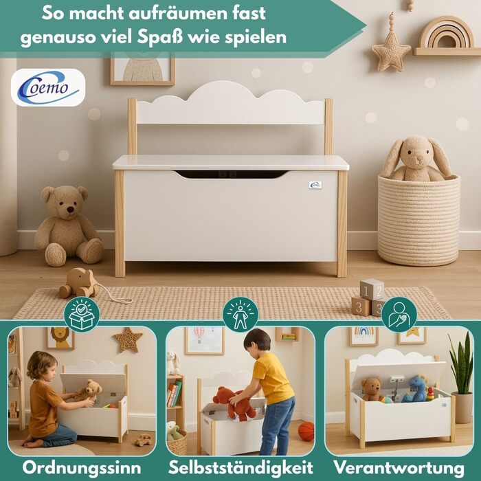 Дерев'яна іграшкова скриня Coemo з банківкою, білий колір, Trudi, 60x26x55 см – банківка для дитячої кімнати з місцем для зберігання, іграшкова скриня з безпечним шарніром, дитяча висота сидіння, декоративний дизайн хмаринок