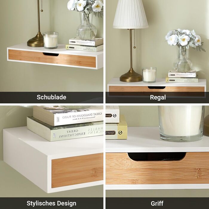 Полиця настінна SoBuy з шухлядою - біла та дерев'яна, 60x24x8 см. Сучасна настінна полиця для вітальні, спальні, коридору FRG93-WN