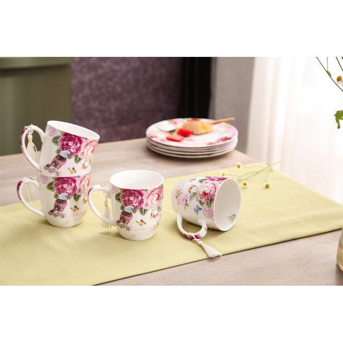 Комплект чашок для кави London Boutique K414: 4 шт., 330 мл, рожевий, стиль Vintage/Retro, флора, подарунок