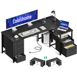 Комп'ютерний стіл Coleshome L-подібний з висувними ящиками з тканини, USB-порт та розетка, для дому та офісу (Чорний, 140x70 см)