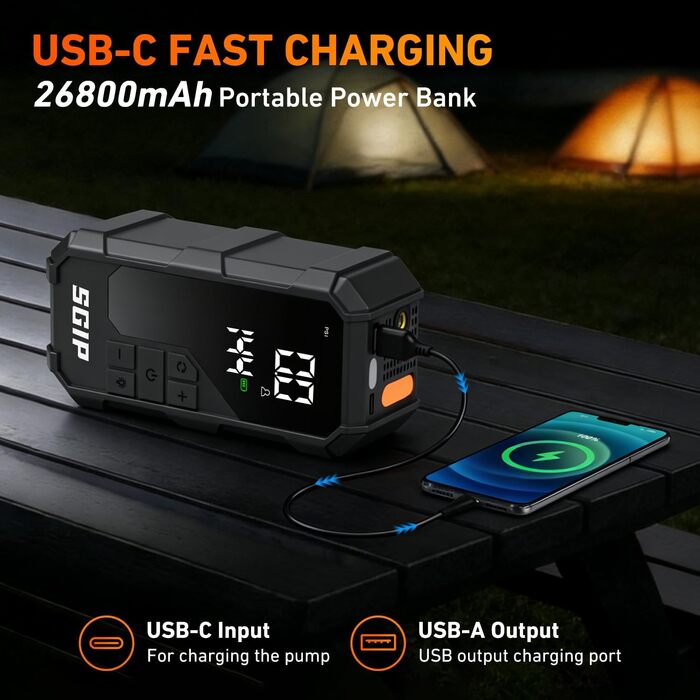 Powerbank-пусковий пристрій 26800mAh Starthilfe 7000A для автомобілів з компресором та ліхтариком, сумісний з бензиновими та дизельними двигунами (до 8.0L)