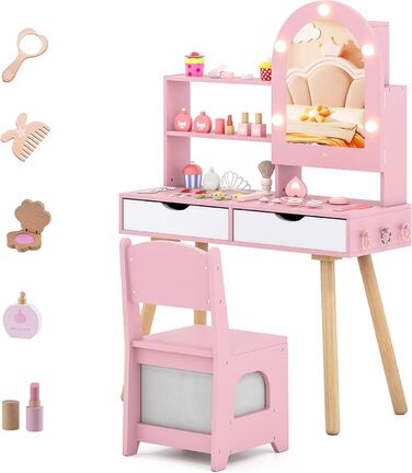 Дитячий туалетний столик DREAMADE 2 в 1 з кріслом, LED-дзеркало, шафка та ящики, для дітей від 3 років (Рожевий)