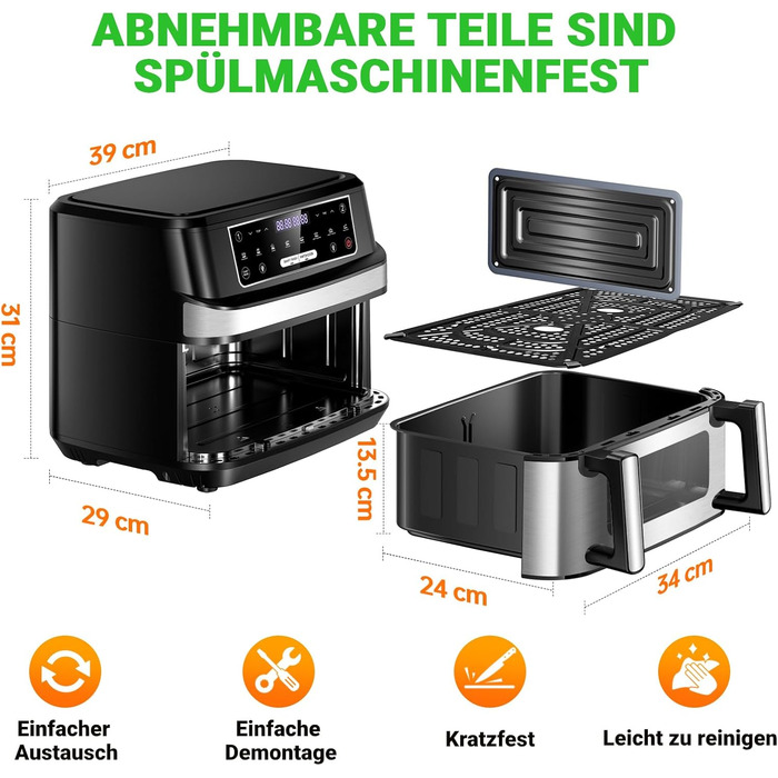 Фритюрниця повітряна XXL з двома камерами | 12л, 8-в-1, регулювання температури, сенсорний екран, до 200°C, для смаження без олії (срібна)
