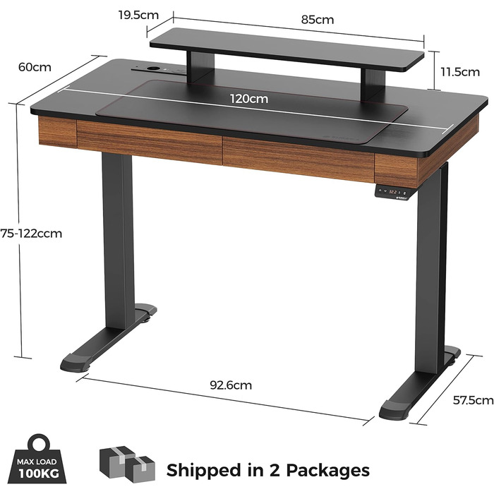 ЕРГОНОМІЧНИЙ Регульований по висоті стіл Електричний 140x60 см Великий комп'ютерний стіл Подвійний двигун Електричний стіл для ПК Стіл з подвійною шухлядою, підставка для монітора, функція пам'яті (дерев'яна стільниця 120 x 60 см, чорний горіх)