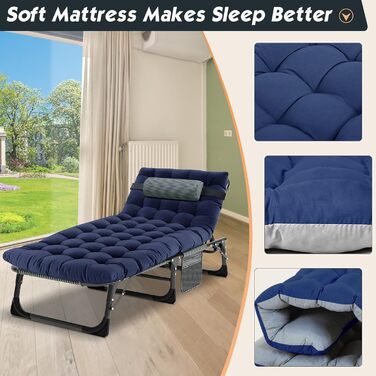 Сонячне ліжко MOPHOTO, розкладне для саду з матрацом, регульовані спинка та підніжка, портативне, для дому та вулиці, складане (зелене дитяче ліжко, матрац) (блакитне)