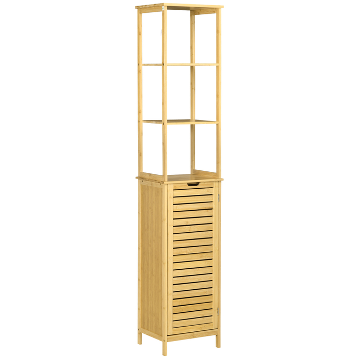 Шафа Kleankin Badschrank Bambus, 34 x 30 x 173 см, з 3 відкритими полицями та 1 шафкою, захист від перекидання, отвір для ручки, вільного стояння, для маленьких приміщень, натуральний колір | Aosom