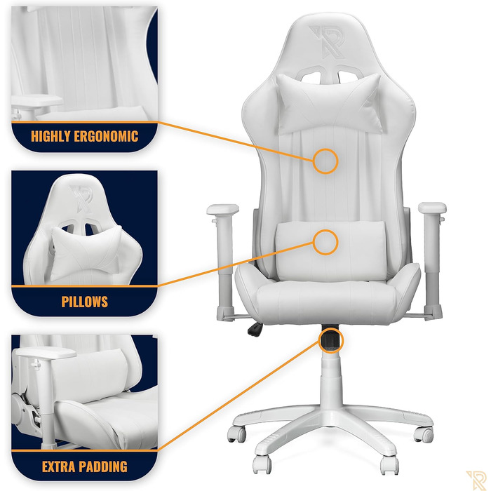Ігрове крісло Ranqer Felix - Професійне геймерське крісло - Ерго-крісло - 2D підлокітники - Спинка 180 - Подушка - Міцний нейлон - Білий