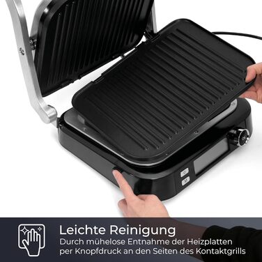 Контактний гриль KLAMER з 7 автоматичними програмами, знімні пластини з антипригарним покриттям, 2100W, чорний & нержавіюча сталь