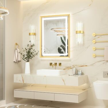 Дзеркало для ванної кімнати Keonjinn з підсвічуванням, металевий каркас 50x70 см, антизапар, LED, сенсорне керування, 3 кольори світла, диммування, пам'ять, настінне дзеркало (Золотий, 80x60 см)