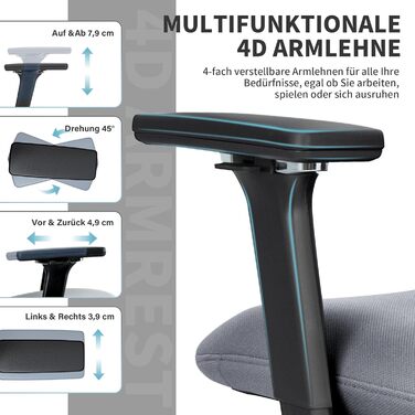 Ергономічне крісло для офісу з підніжкою, висока спинка, 2D-підголівник, відкидні підлокітники, сидіння з губки, сітчастий офісний крісло, крісло для керівника, комп'ютерне крісло для дорослих (сірий)