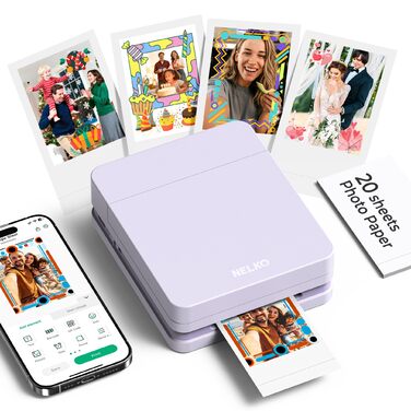Портативний міні-фотопринтер Nelko PP01: кольоровий, для смартфонів iOS & Android, з 20 паперами, наклейки, AI APP, фіолетовий