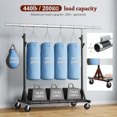 Стійка для одягу на колесах FAVOOOSTY, металева, мобільна, до 200 кг, чорна, 1 перекладина