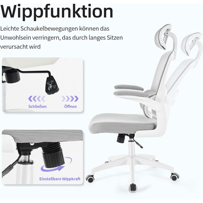 Офісний крісло SEEDWAVE з ергономічною підтримкою спини, регульованою підголівником та функцією гойдання, сірий та білий колір, до 150 кг