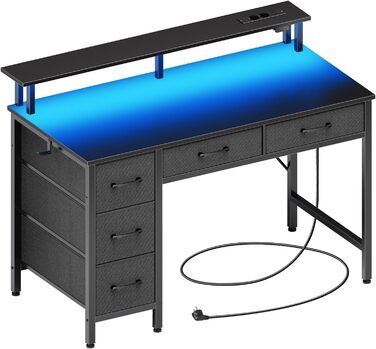 Комп'ютерний стіл Seventable з розетками та LED-підсвічуванням, 100 см, ігровий стіл з 5 ящиками та підставкою для монітора, для офісу, робочого кабінету, спальні, вітальні, чорний