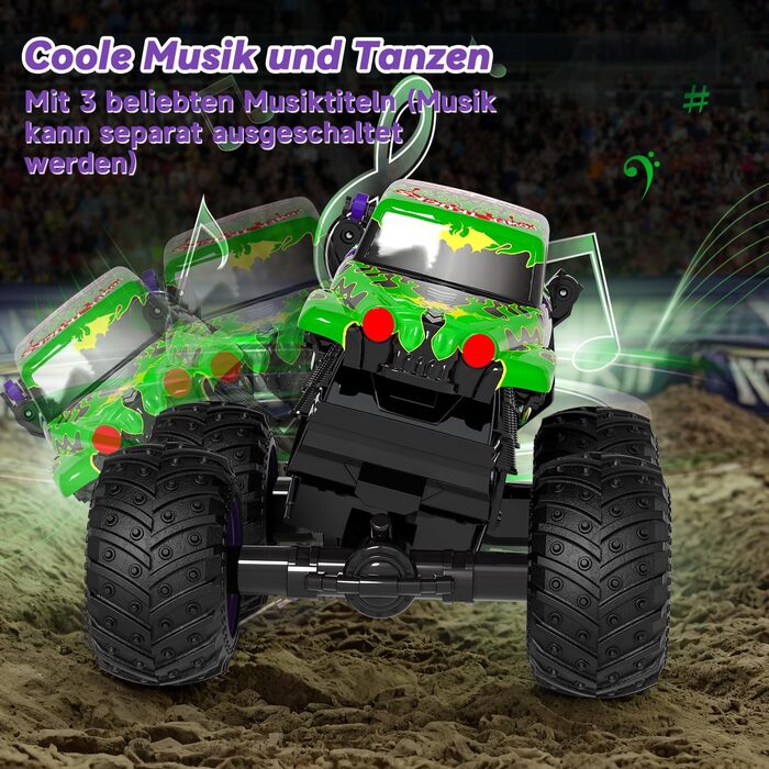 Радіокерований монстр-трак 1:20 2.4GHz, 20 км/год, зелений динозавр з підсвіткою LED та музикою для хлопчиків та дівчаток від 3 років