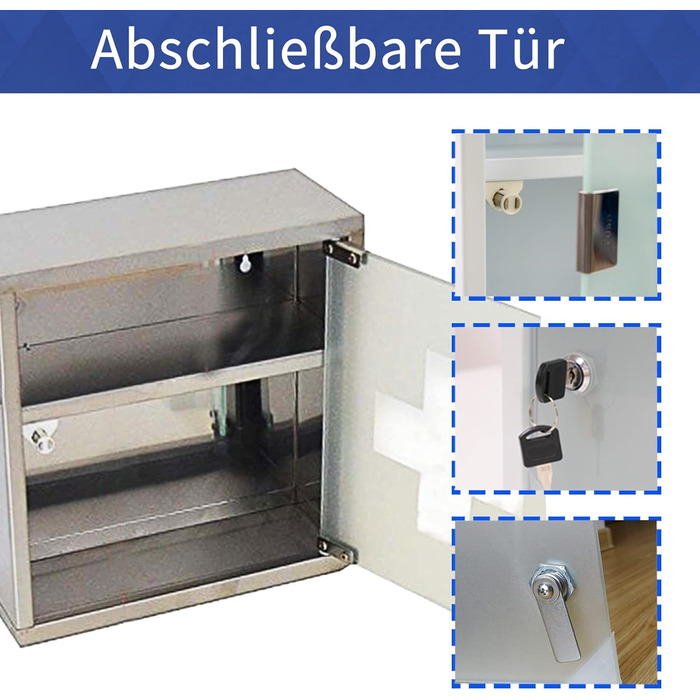 Аптечка для дому з замком, 60x30x12 см, 4 відділення, металева, з дверцятами зі скла, 2 ключі (білий), 4 відділення (сріблястий, 2 відділення)