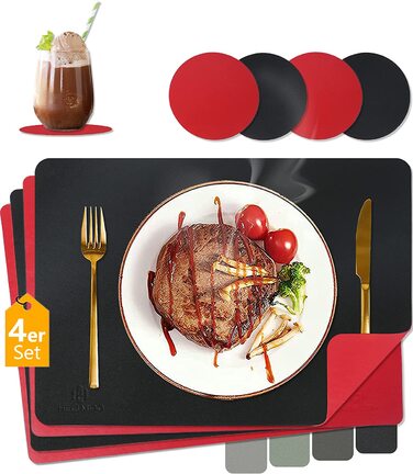 Набір підкладок під тарілки HELI MIAO, 4 шт., 43x30 см, шкіряний ефект, червоно-чорний колір, водонепроникні, термостійкі