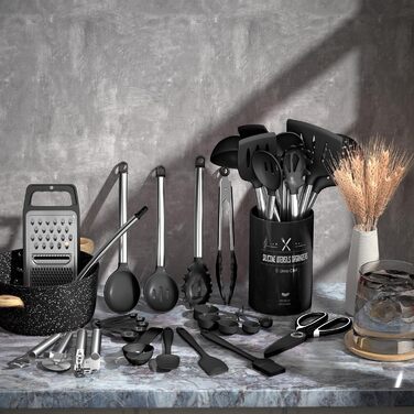 Набір кухонних аксесуарів Umite Chef, 34 шт., силіконовий, для антипригарного посуду, з нержавіючою сталею, чорний