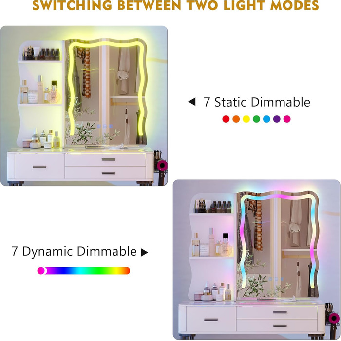 Туалетний столик Figbird з дзеркалом, RGB LED, табурет, ящики, скляна стільниця, підставка для губної помади та фена