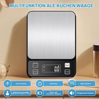 Кухонні ваги Diyife 10 кг, 0,1 г, з нержавіючої сталі, LCD-дисплеєм, функцією тарування та підрахунку, чорні