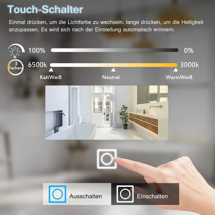 LED дзеркало для ванної кімнати з підсвічуванням 100x60 см, сенсорне регулювання, антизапар, 3 кольори світла, для ванної, туалету, коридору