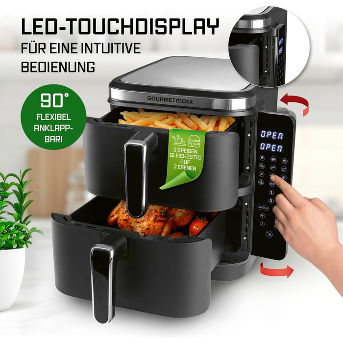 Фритюрниця повітряна Gourmetmaxx FryUp з вертикальною подвійною камерою, 10 літрів (2x5л), сенсорний дисплей