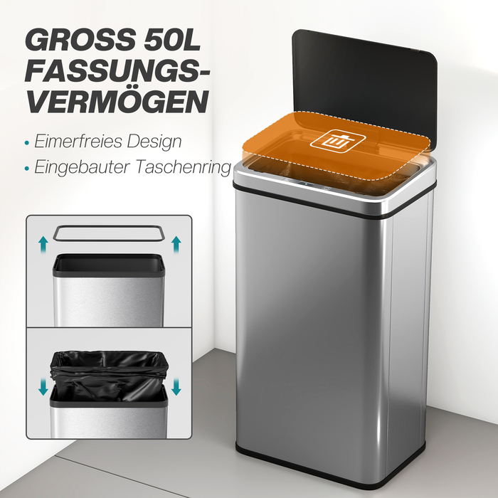 Відро для сміття з датчиком 50 л, нержавіюча сталь, автоматичне відкриття, м'яке закриття кришки, датчик руху, розміри 35,5 x 26 x 67 см, сріблястого кольору