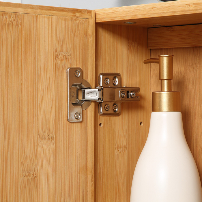 Шафа з дзеркальними дверцятами, з численними внутрішніми полицями та відділеннями, міцна конструкція з бамбукового дерева, розміри 65,2 x 14 x 50 см