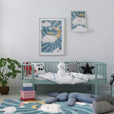 Килимок Дитяча кімната - Синій - 120x160см - Хмари, місяць і зірки - Ігровий килимок Дитячий килимок з коротким ворсом - Oeko-Tex Standard 100 (140 x 200 см)