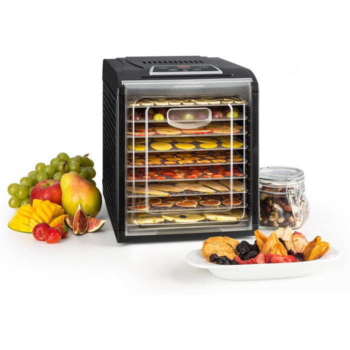 Сушарка для продуктів Klarstein Dörrautomat: 9 ярусів, 700 Вт, з нержавіючої сталі, сенсорне управління, чорний колір